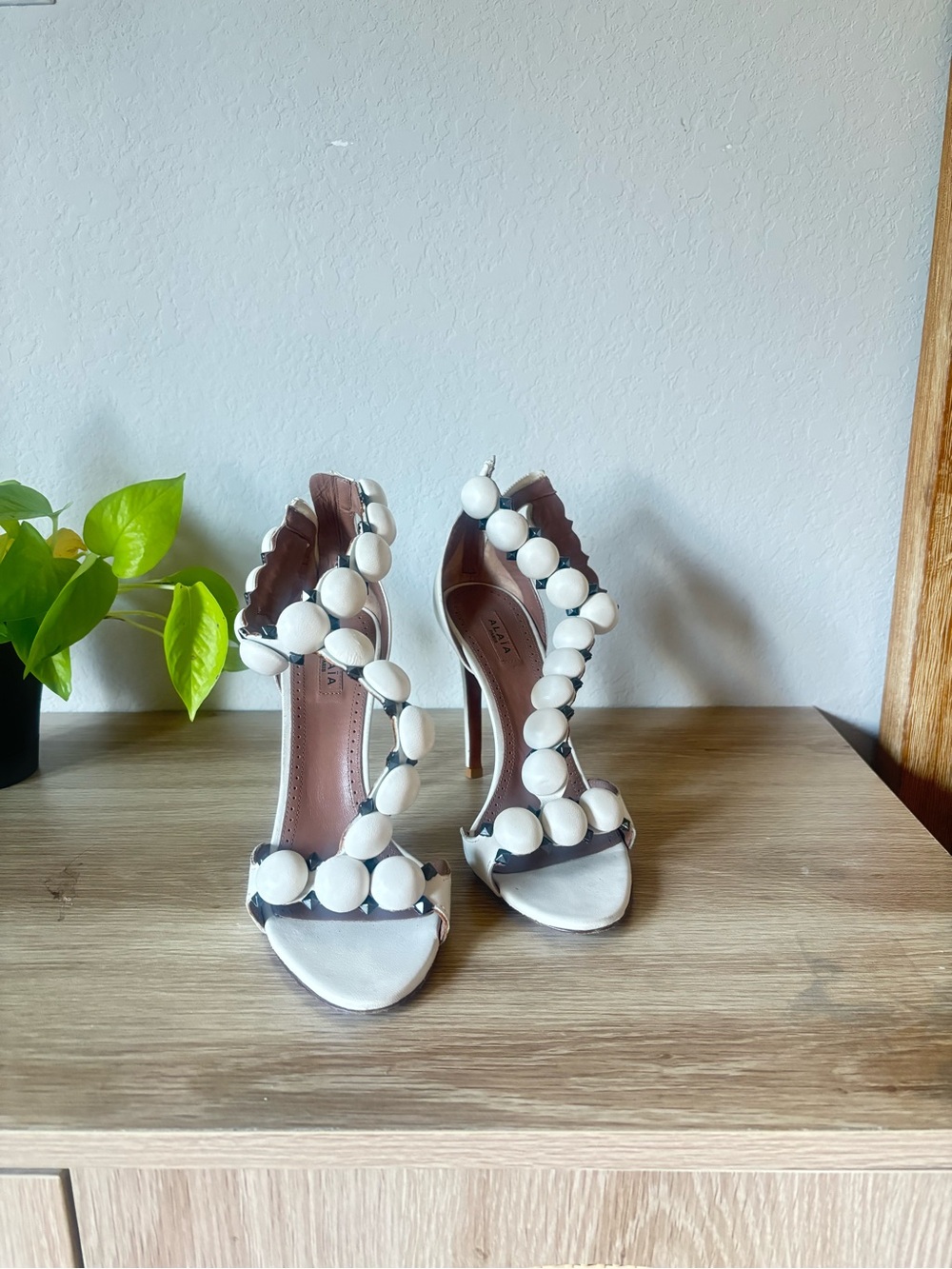 Alaïa White Beaded T-Strap High Heels